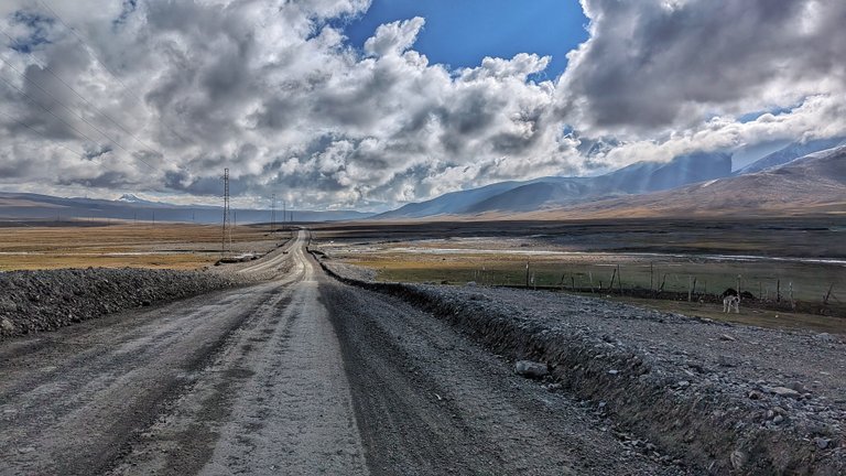 Dlouhá, nezpevněná cesta se táhne do dálky pod dramatickým nebem plným velkých, bílých a šedých mraků, s viditelnými ostrůvky jasně modré. Podél levé strany silnice vedou elektrické dráty a sloupy. Silnice je lemována hnědými a zelenými poli, což naznačuje rozsáhlou, vyprahlou krajinu. V pozadí se tyčí hory, některé zasněžené, a údolím se klikatí úzká řeka nebo potok. Na pravé straně je jednoduchý plot a světlé zvíře, pravděpodobně pes nebo malý jak, stojící v trávě, což dodává nádech života jinak rozsáhlé a odlehlé scéně. Celkový dojem je drsné, ale malebné bikepackingové trasy hornatou oblastí.